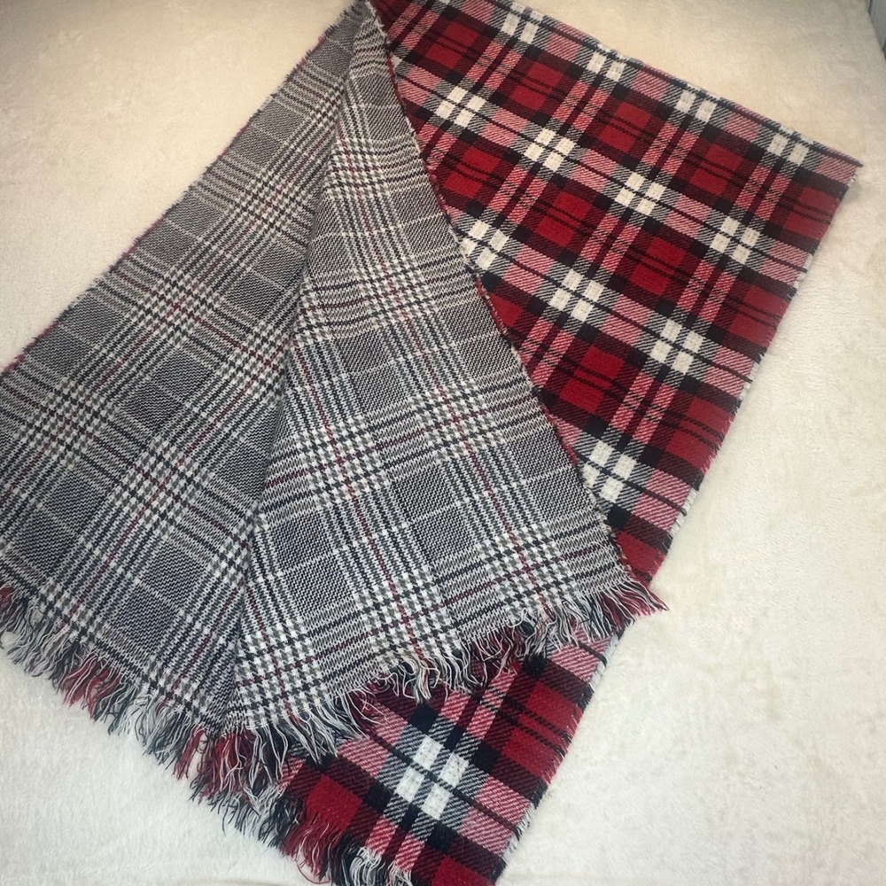 Reversible Red Grey Plaid Shawl Scarf Oversized Tartan Shawl Wrap with Fringe